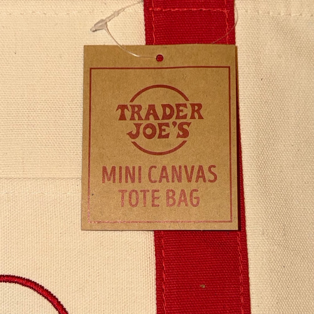 MINI NWT Trader Joe’s Mini Canvas Reusable Tote Bag - Cream with Red Straps - Picture 9 of 10
